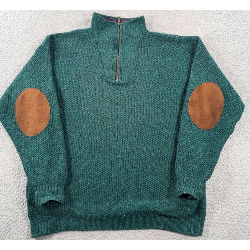 Vintage Alps Sweater Mens Large Green Wool Knit Quarter Zip Elbow Patch Pullover